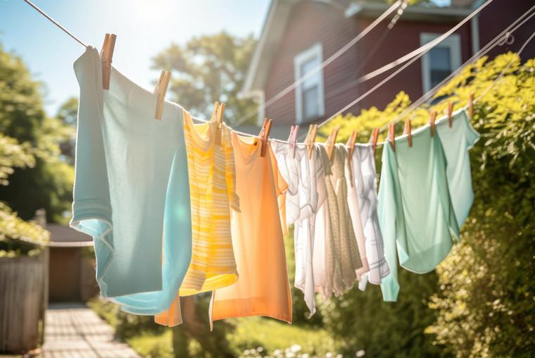 washing day. Clothes hanging on a clothesline to dry on clothespins on the street in the village.Generative AI