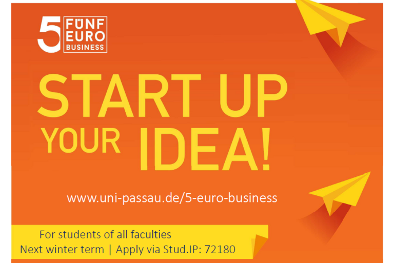 Bild mit Papierflieger mit orangfarbenem Hintergrund mit der Aufschrift "Start up your idea!" und Veranstaltungsdetails