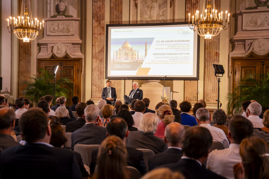 Consultant and publicist, Professor Sigmund Gottlieb (pictured right) in conversation with the German Ambassador to the Republic of India, H.E. Dr Philipp Ackermann at the symposium of Neuburger Gesprächskreis. Photo credit: University of Passau