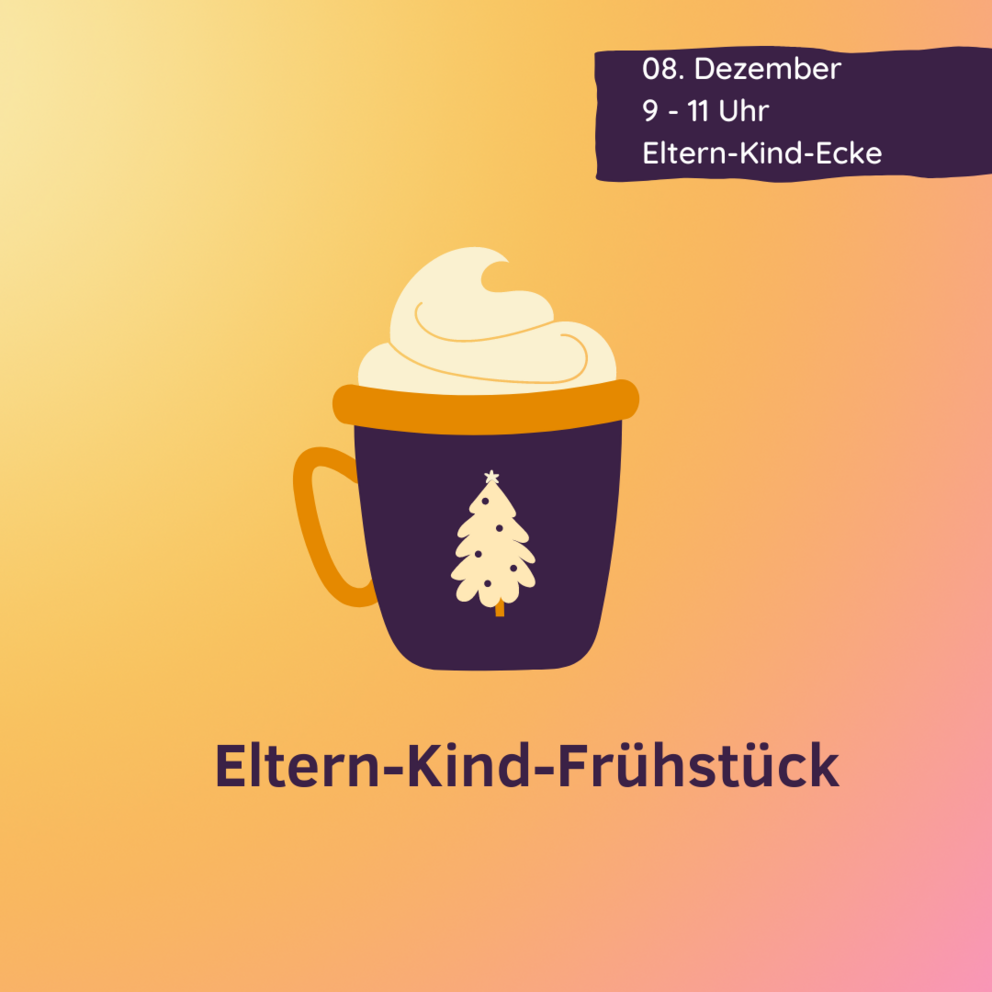 Weihnachtliche Tasse mit Überschrift Eltern-Kind-Frühstück