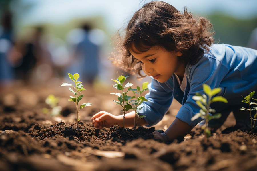 Kind setzt Pflanzen in Erde 