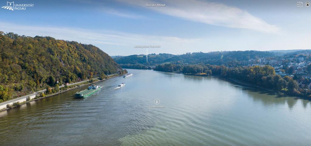 Campus tour screenshot: above the river confluence, looking East