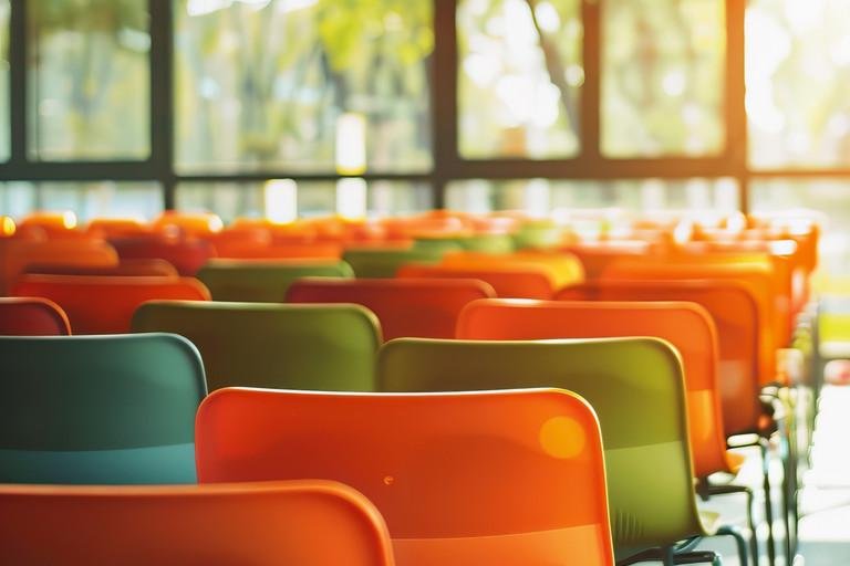 bunte Sthle vor Glaswand mit Natur und Sonnenlicht im Hintergrund