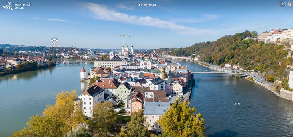 Campus tour screenshot: above the river confluence, looking West