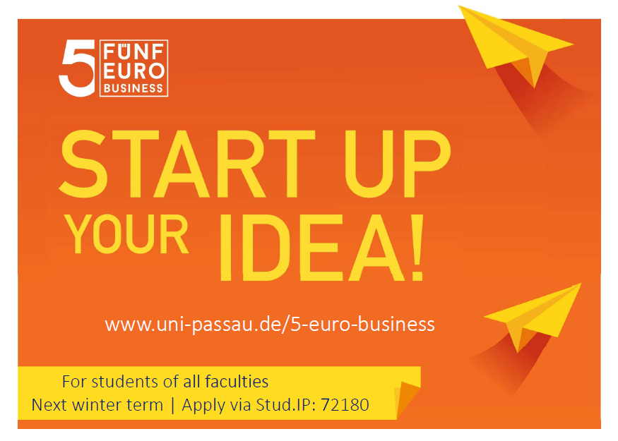 Bild mit Papierflieger mit orangfarbenem Hintergrund mit der Aufschrift "Start up your idea!" und Veranstaltungsdetails